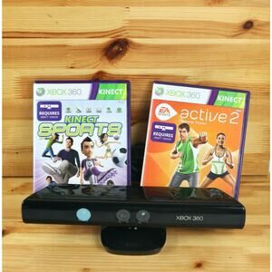 Xbox 360 Kinect Motion Sensor Lot With 2 Games Kinect Sports and Active 2 MD1414